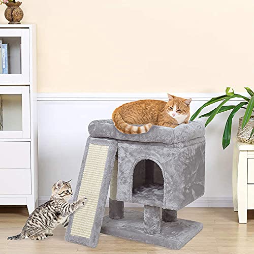 SYANDLVY Small Cat Tree for Indoor Cats, Cat Tower with Scratching Post, Modern Activity House for Large Cats, Condo with Board, Kittens Cave (Light Grey) - color: Light Grey
