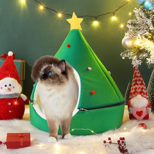 Beeveer Green Christmas Tree Cat House - 2 in 1 Foldable Cat Bed Tent with Self Warming Feature