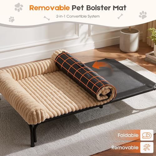 Elevated Dog Bed with Removable Fluffy Pillow Cushion, Raised Pet Cot Washable Bolster, Dog Couch Sofa, Anti Slip Feet, Breathable Mesh, Khaki, 43"×32" - color: khaki, size: L(43"×32"×8")