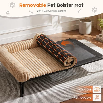 Elevated Dog Bed with Removable Fluffy Pillow Cushion, Raised Pet Cot Washable Bolster, Dog Couch Sofa, Anti Slip Feet, Breathable Mesh, Khaki, 43"×32" - color: khaki, size: L(43"×32"×8")