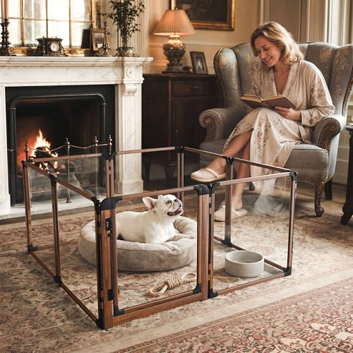 FXW AuraSpace Pro Acrylic Indoor Dog Playpen, Heavy-Duty with Metal Frame, 24" Height 8 Panels for Puppies & Small Dogs, Walnut│Patented - color: Walnut, size: 24"H
