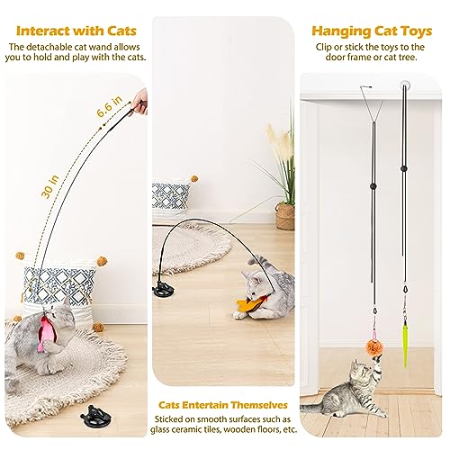 Cat Toys, 2 Pack 3 in 1 Interactive Cat Toy for Indoor Cats with Sticky Super Suction Cup Detachable 10 Pcs Replacements Feathers Balls Mice 2 Wand Hanging Door Kitten Toys - color: 10 Toy Replacement