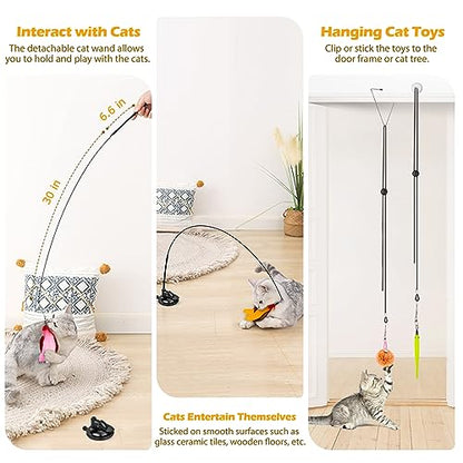 Cat Toys, 2 Pack 3 in 1 Interactive Cat Toy for Indoor Cats with Sticky Super Suction Cup Detachable 10 Pcs Replacements Feathers Balls Mice 2 Wand Hanging Door Kitten Toys - color: 10 Toy Replacement