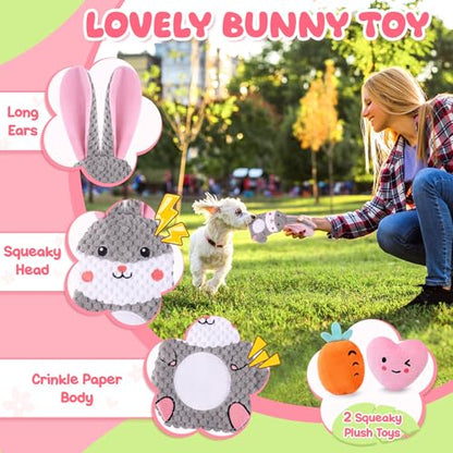 Zeaxuie Pink Puppy Toys for Teething - 9 Pack Small Dog Set With Chew, Squeaky Crinkle, Treat Ball and Interactive Rope for Puppies - color: 9 Pack (Pink-Bunny)