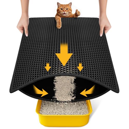 Cat Litter Mat Compact Size 23.6"x14.6" for Small Spaces, Upgrade Waterproof Leakproof Back Layer, Honeycomb Trapping Mat, Washable, Easy to Clean, Scatter Control Kitty Litter Matt, Black - color: Black
