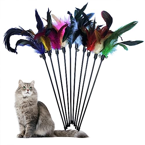10-Pack Cat Feather Wand Toys with Bell, Natural Feather Interactive Teaser for Indoor Kittens Friendly Cat Toy