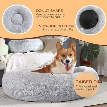 JOLLYVOGUE Dog Beds Large Sized Dog, 36 inches Calming Soft Anti-Anxiety Donut Dogs Bed, Washable Round Fluffy Cushion for Large Pets, Fits up to 80 lbs Pets - color: 01 - Light Grey, size: 36"