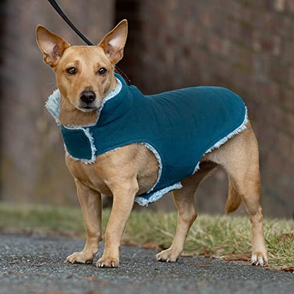 Furhaven Reversible Small Dog Coat, Washable & Insulating w/ Leash Access - Two-Tone Faux Fur & Quilted Fleece Flex-Fit Jacket - Marine Blue, Small - color: Marine Blue, size: SM