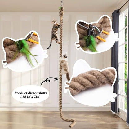 2" x 9.84Ft Cat Climbing Rope with Hook for Ceiling & Wall Mounted, Natural Sisal Rope for Cat Scratcher with Feather Toy for Indoor/Outdoor Cats, Durable Cat Tree Replacement Rope