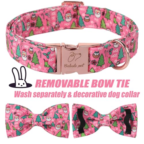 Christmas Dog Collar with Bow Tie - Cute Christmas Tree & Santa Pattern Pink Puppy Collar, Adjustable Metal Buckle Winter Holiday Bowtie Dog Collars for Small Medium Large Dogs XS - color: B-Pink Santa Claus, size: XS