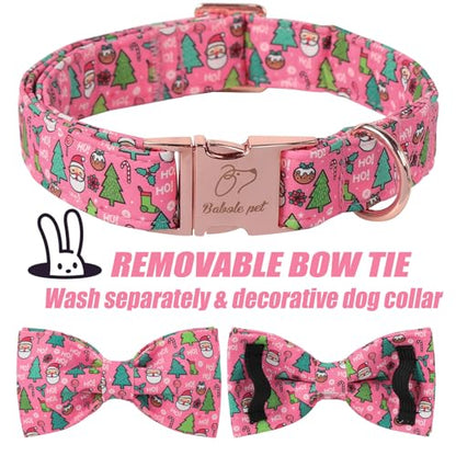 Christmas Dog Collar with Bow Tie - Cute Christmas Tree & Santa Pattern Pink Puppy Collar, Adjustable Metal Buckle Winter Holiday Bowtie Dog Collars for Small Medium Large Dogs XS - color: B-Pink Santa Claus, size: XS