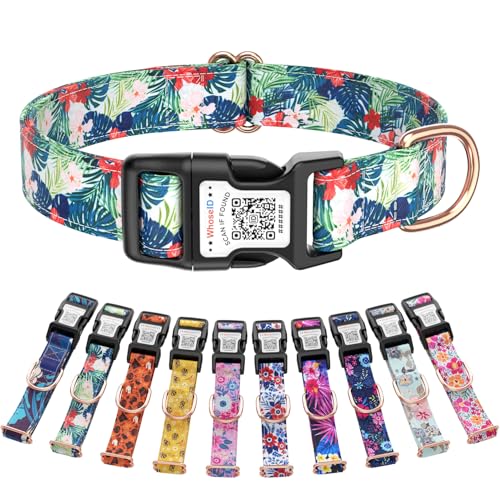 Dog Collars for Medium Dogs, Personalized Dog Collar with QR Name Tag - color: Jungle Hibiscus, size: M
