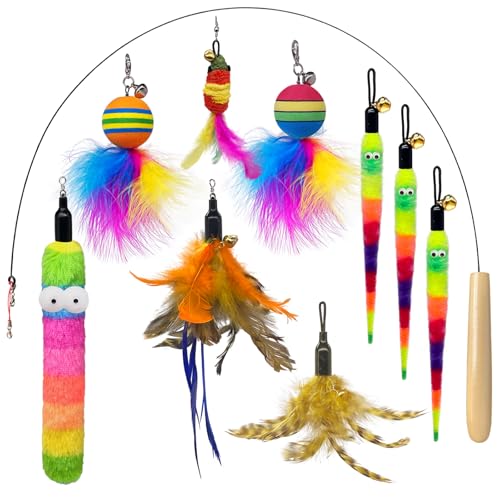 Interactive Cat Wand Toy Complete Set with Pole and 9 Feather Refills Teaser Toy for Indoor Cats Play & Exercise (9 Pcs C) - color: 9 Pcs C