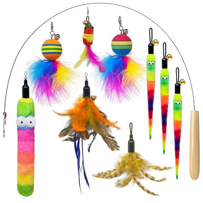 Interactive Cat Wand Toy Complete Set with Pole and 9 Feather Refills Teaser Toy for Indoor Cats Play & Exercise (9 Pcs C) - color: 9 Pcs C