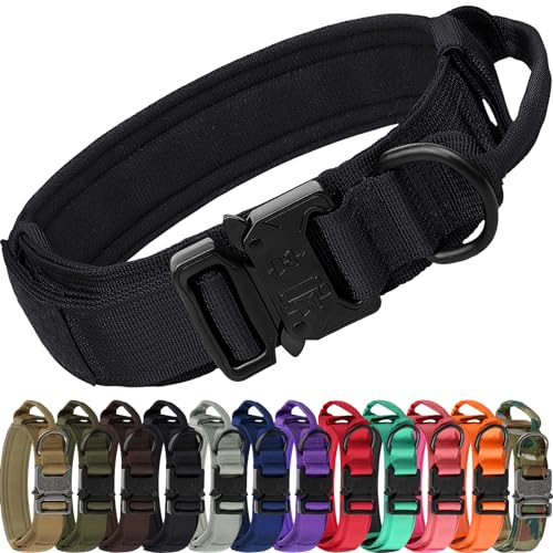 Joytale Tactical Dog Collar with Handle and Metal Buckle, Heavy Duty Padded Military Collar with 2 Patches for Training, Adjustable for Large Dogs, Black, L - color: Black, size: L