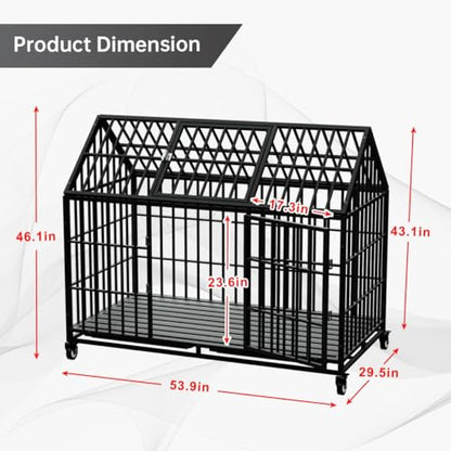54" Heavy Duty Dog Crate Large Dog cage Strong Metal Dog Kennels and Crates for Large Dogs Top Open with 2 Doors 4 Lockable Wheels 2 Removable Trays - size: 54.0"L x 29.5"W x 46.0"H
