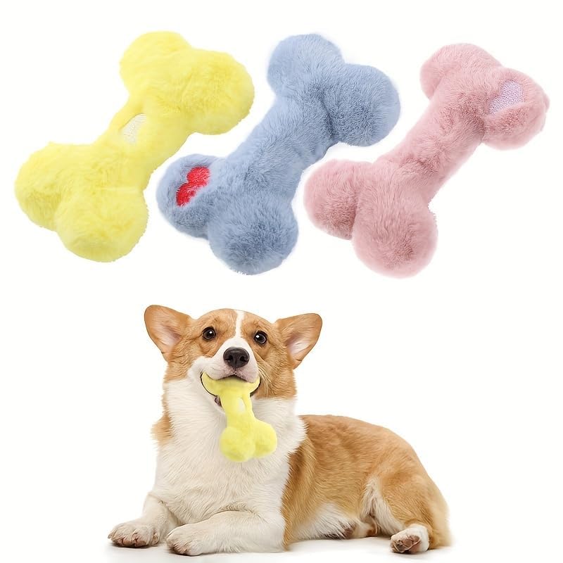 1 Pack Plush Dog Bone Toy Squeaky Interactive Chew with Embroidered Love Design Soft Puppy Teething Toy (Random Color) - color: C