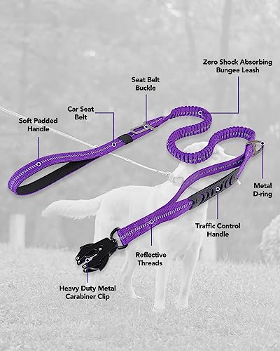 Joytale Tactical Dog Leash Heavy Duty, 4-6FT Shock Absorbing Bungee Lead with 2 Padded Handle, Metal Carabiner Clip, Car Seatbelt, Strong No Pull Leash for Medium Large X-Large Dogs, Purple - color: Purple