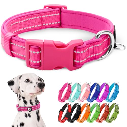 Reflective Dog Collar,Soft Neoprene Padded Pet Collar with ID Tag Ring,Adjustable for Large Dogs,Hot Pink,L - color: Hot Pink, size: Large (Pack of 1)