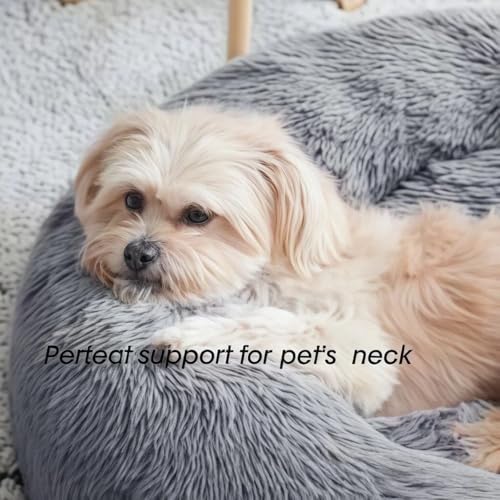 SALAN Calming Donut Dog Bed for Small Dogs and Cats, 16 Inch Round Plush Faux Fur Pet Bed, Washable Fluffy Self Warming Anti Anxiety Cuddler Bed for Puppy, Kitten, Indoor Cats (Khaki) - color: Khaki