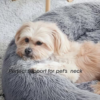 SALAN Calming Donut Dog Bed for Small Dogs and Cats, 16 Inch Round Plush Faux Fur Pet Bed, Washable Fluffy Self Warming Anti Anxiety Cuddler Bed for Puppy, Kitten, Indoor Cats (Khaki) - color: Khaki