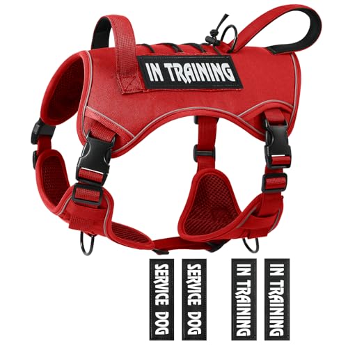 Tactical Dog Harness for Medium Large Size, No Pull Service Dog Vest with Molle System and Control Handle Heavy Duty Pet Vest with 4 Patches, Reflective Adjustable Harness for Walking Training - color: Red, size: XL