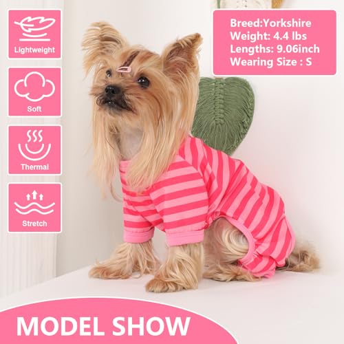 Dog Pajamas Pjs Stretchable Strip Dog Jumpsuit 4 Legs Pjs for Summer Dog Clothes Puppy Onesies Doggie Outfit (Pink, Large (Chest 17in)) - color: Pink, size: Large (Chest 17in )