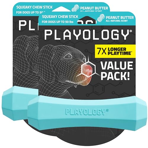 Playology Dog Toys | Squeaky Chew Stick for Dogs, Value 2-Pack | Peanut Butter Scented Medium Fetch Toy | Squeaky Dog Chew Toy - size: Medium (VALUE 2-Pack), style: Peanut Butter