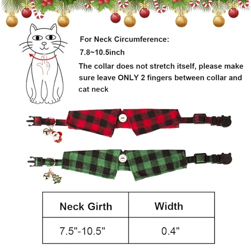 ADOGGYGO Christmas Cat Collars Breakaway with Bow Tie Bell, 2 Pack Red Green Plaid Xmas Kitten Collar with Removable Shirt Collar, Plaid Christmas Collars for Cats Kittens - color: Red&Green-3