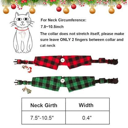ADOGGYGO Christmas Cat Collars Breakaway with Bow Tie Bell, 2 Pack Red Green Plaid Xmas Kitten Collar with Removable Shirt Collar, Plaid Christmas Collars for Cats Kittens - color: Red&Green-3