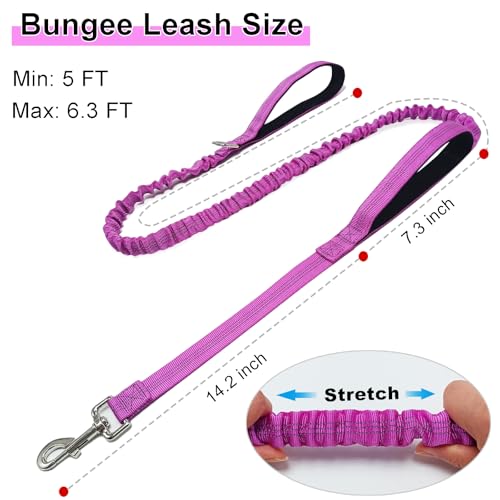 5FT Bungee Dog Leash with 2 Handles, Reflective Strong Nylon Traffic Leash with Shock Absorbing for Large Medium Dogs Walking Training Controlling, Purple - color: Purple