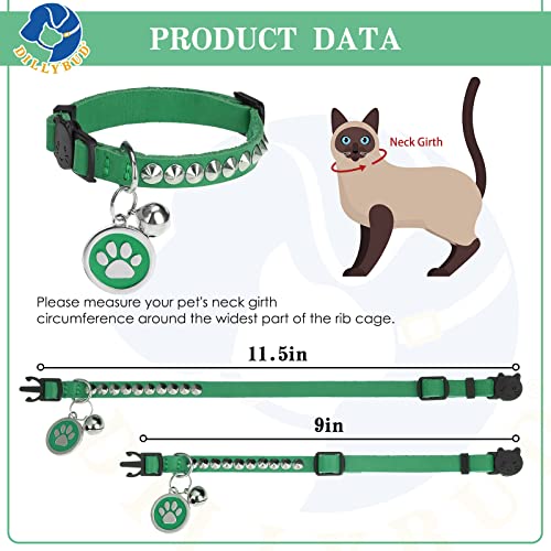 Leather Personalized Breakaway Cat Collar with Studded Bell and Safety Quick Release Buckle - Rivets Studded ID DIY Collars for Boy Girl Cats Kittens, 9" - 11.5" Green - color: Green, size: 9"-11.5"