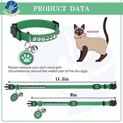 Leather Personalized Breakaway Cat Collar with Studded Bell and Safety Quick Release Buckle - Rivets Studded ID DIY Collars for Boy Girl Cats Kittens, 9" - 11.5" Green - color: Green, size: 9"-11.5"