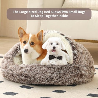 Dog Bed Round Hooded Plush Cat Cave Self Warming Pet Bed Donut Anti Anxiety Fluffy Pet Bed for Puppy and Kitty - color: Gradual brown, size: Medium 23.6''