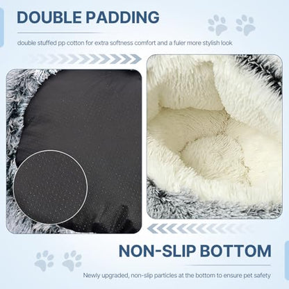 SUOXU Cat Beds for Indoor Cats,Plush Hooded Cat Cave for Puppy Kitty Small Dog Bed,Removable Washable Non-Slip Bottom Self Warming Round Fluffy Faux Fur Super Soft Calming Sleeping Pet Bed(Gray) - color: Grey
