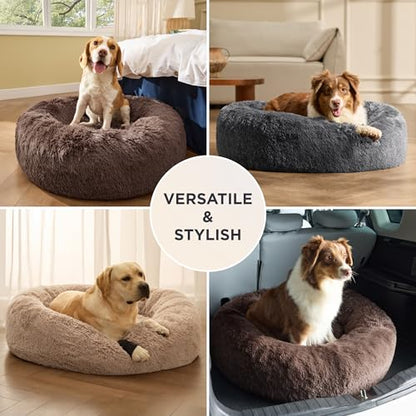 Bedsure SupportMax™ Calming Dog Beds Large Sized Dog - 36in Donut Washable Large Pet Bed,Anti-Slip ＆Removable Cover,420GSM Round Anti-Anxiety Fluffy Plush Faux Fur Bed, Fits up to 80 lbs Pets - color: Camel, size: L(36x36x8)