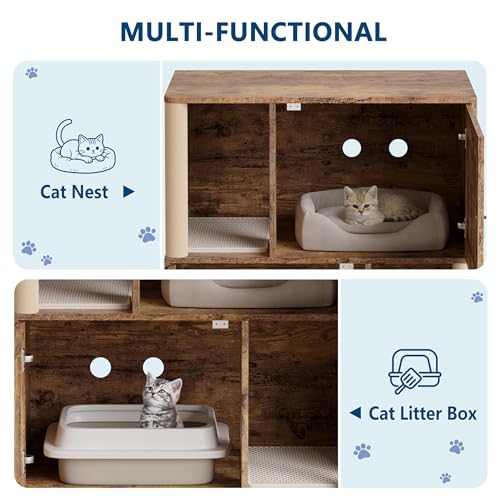 Double Cat Litter Box Enclosure Cabinet for 2 Cats – 2-Tier Modern Farmhouse Pet Washroom, Mark Post, Odor Control, Dog-Proof, Litter Mats, Wooden End Table – Slotted Brown