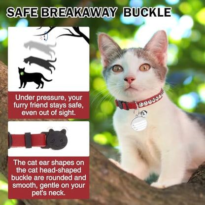 Leather Personalized Breakaway Cat Collar with Studded Bell and Safety Quick Release Buckle - Rivets Studded ID DIY Collars for Boy Girl Cats Kittens, 9" - 11.5" Red - color: Red, size: 9"-11.5"