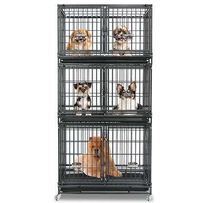 Homey Pet 43 Inch Three Tiers Dog Crate Cage Kennel with Divider, Stackable Heavy Duty Dog Crate for Large Dogs, Escape Proof Indestructible Dog Kennel Indoor with Removable Tray, Lockable Wheels - size: 42.5"L x 28.0"W x 88.0"H