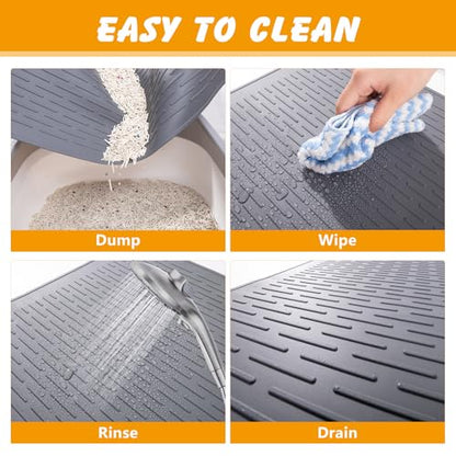Silicone Cat Litter Mat, 28x20 in Waterproof Litter Box Mat Cats Feeding Mats with Raised Edges, Quick Clean Desig (Grey) - size: 28"L x 20"W