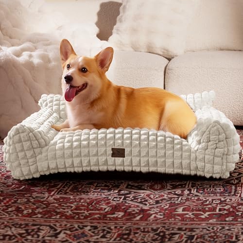 Orthopedic Dog Bed for Medium Dogs, Supportive Couch Style Pet Bed with Faux Rabbit Fur, Washable Removable Cover, 3D Diamond Pattern, 36 Inch, Off White - color: Off White, size: Large: 36"L x 27"W x 10"Th