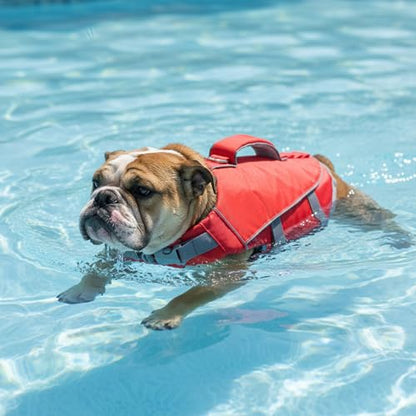 Geyecete Dog Life Vest for Swimming with Handle Dog Life Jacket Adjustable for Swimming, Boating,and Water Safety, High-Buoyancy,Orange with Red-M - size: Medium