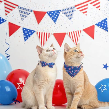 SCENEREAL Independence Cat Collar with Bells, 2 Pack Breakaway Cat Collars with Removable Bowtie Bandana, Adjustable Cute Kitten Collar for Pet Small Dogs Boys Girls - color: Bandanas & Bow (Independence Day - Dark Blue)