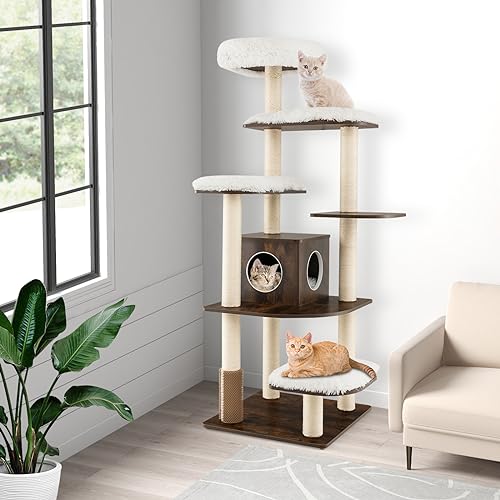 PETSITE Tall Cat Tree for Indoor Cats, 71 Inches Multi-Level Modern Cat Tower with Plush Perch, Cozy Condo, Platforms, Sisal Scratching Posts, EVA Massage Comb & Removable Cushions (Brown) - color: Brown