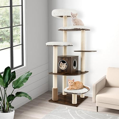 PETSITE Tall Cat Tree for Indoor Cats, 71 Inches Multi-Level Modern Cat Tower with Plush Perch, Cozy Condo, Platforms, Sisal Scratching Posts, EVA Massage Comb & Removable Cushions (Brown) - color: Brown