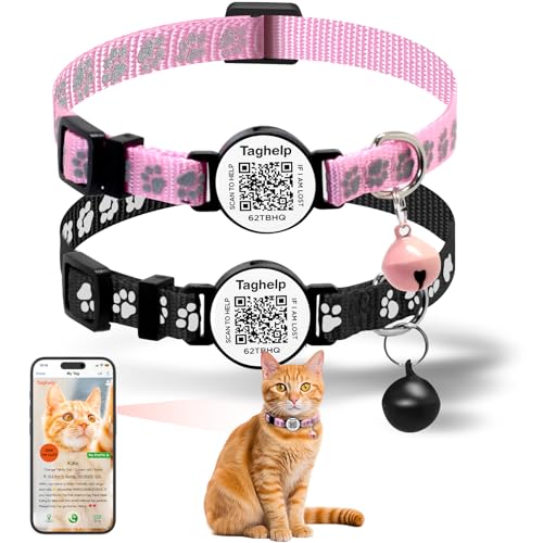 Peace of Mind Cat Collar 2-Pack: QR Code Tag with Permanent Online ID + Breakaway Reflective Collar, Scan for Immediate Contact if Lost (Pink & Black) - color: Paw pattern - Pink & Black