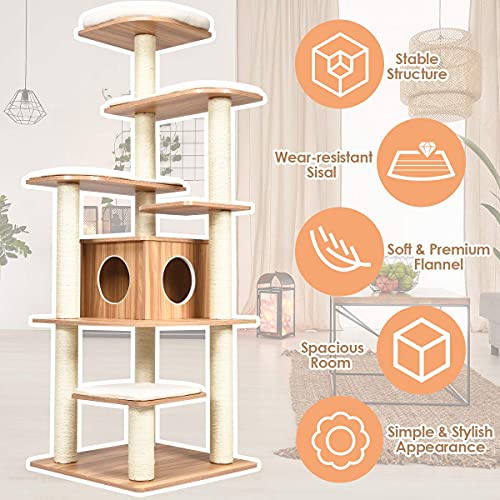 Tangkula Tall Cat Tree, 69-Inch Modern Cat Tower with Sisal Rope Scratching Posts, Wood Cat Tree with Multi-Layer Platform, Cat Condo Furniture with Washable Cushions for Indoor Cats Large Adult - color: Natural