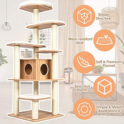 Tangkula Tall Cat Tree, 69-Inch Modern Cat Tower with Sisal Rope Scratching Posts, Wood Cat Tree with Multi-Layer Platform, Cat Condo Furniture with Washable Cushions for Indoor Cats Large Adult - color: Natural