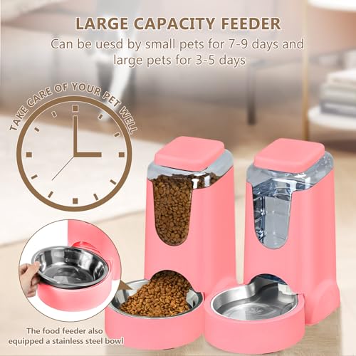 Automatic Cat Feeder and Water Dispenser with Stainless Steel Bowl Dog Gravity Food Feeder and Waterer for Small Medium Pets Puppy Kitten 1 Gallon x 2 - color: Pink（3.8L*2）