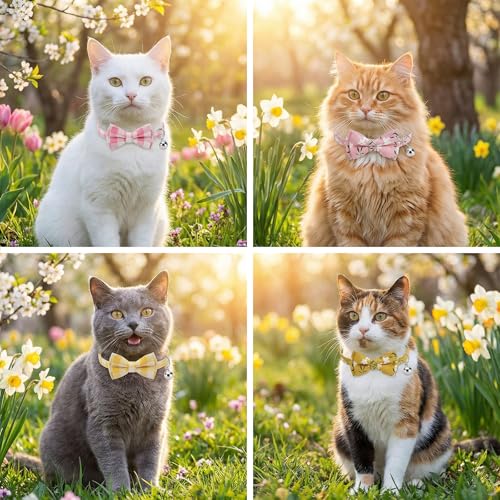 6 Pcs Spring Cat Collar Breakaway with Bow Tie and Bell Kitten Collars Removable Bowtie Plaid Flower Cat Collar for Cats Kittens Puppy (Flower) - style: Flower